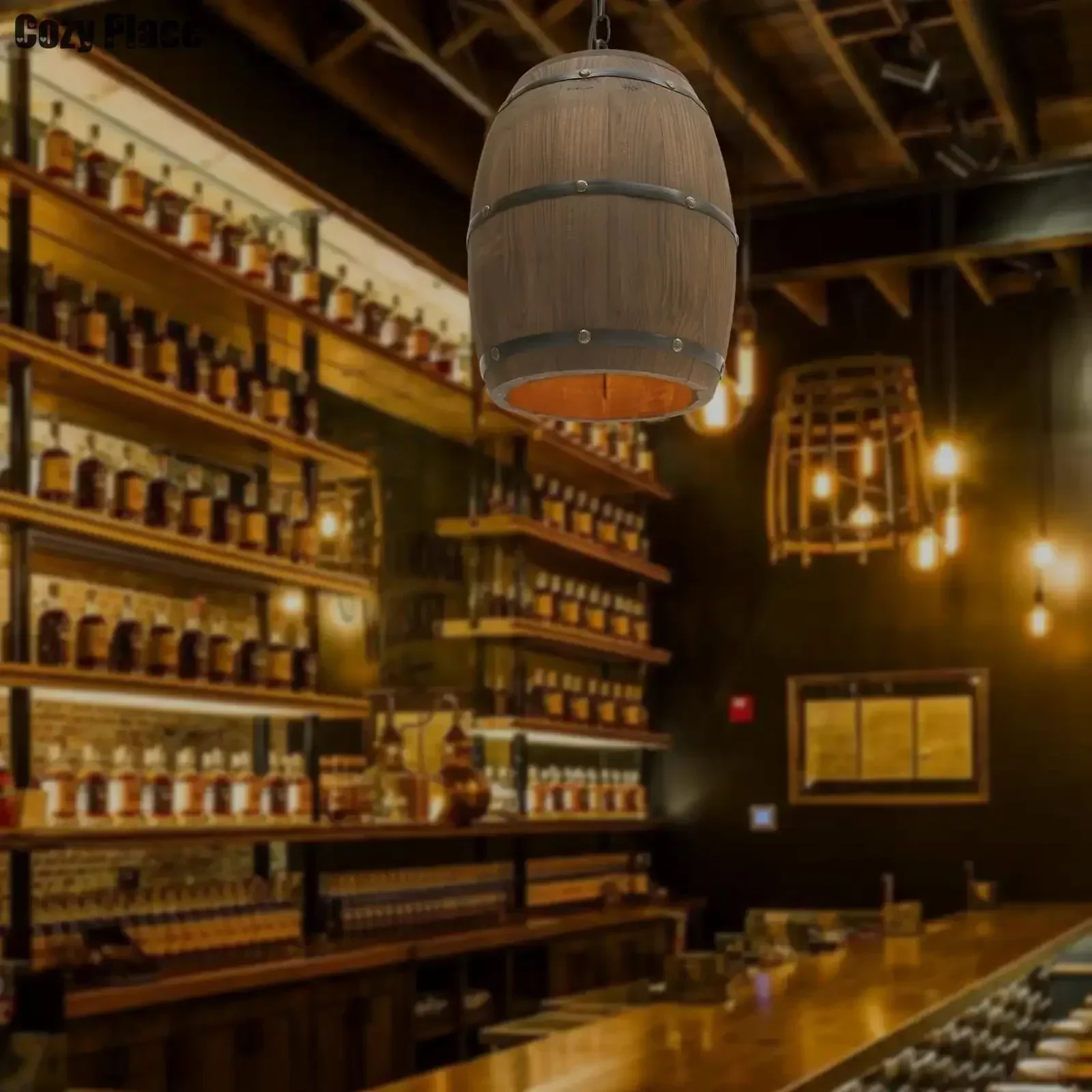 Wine & Beer Shop - Rustik Lamba Vintage Avize Ahşap Sarkıt